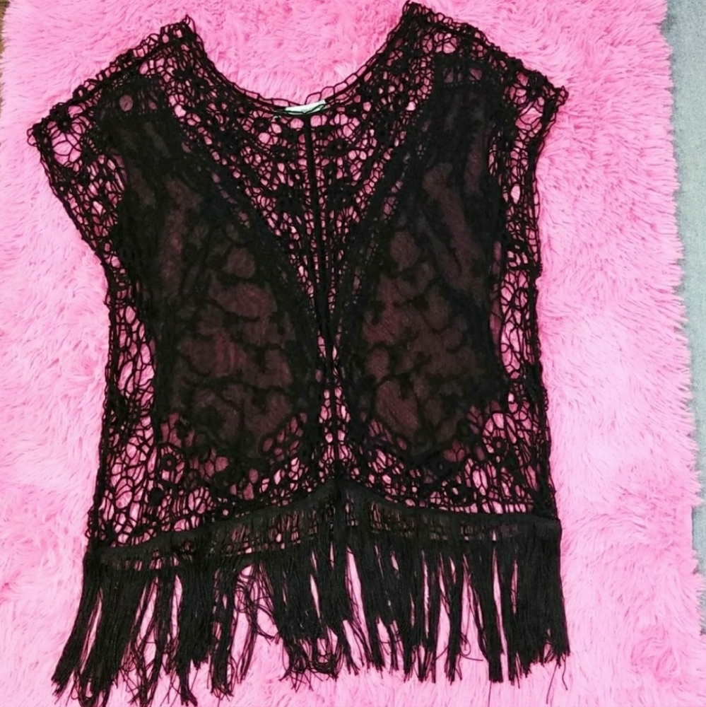 Maurices Black Sheer lace Fringe blouse